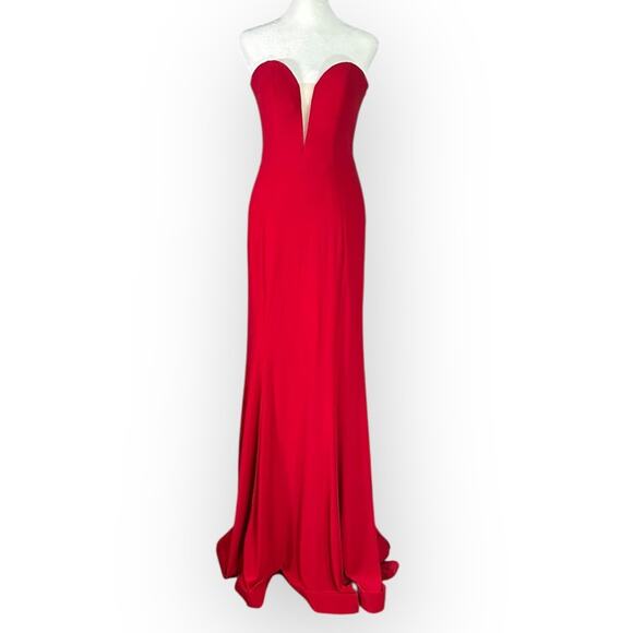 Mac Duggal Bustier Gown Women's 8 Red Strapless Sweetheart Maxi Pooled Train - Picture 3 of 13